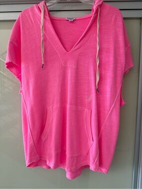 Splendid Neon Pink Hooded Short-Sleeve Sweatshirt